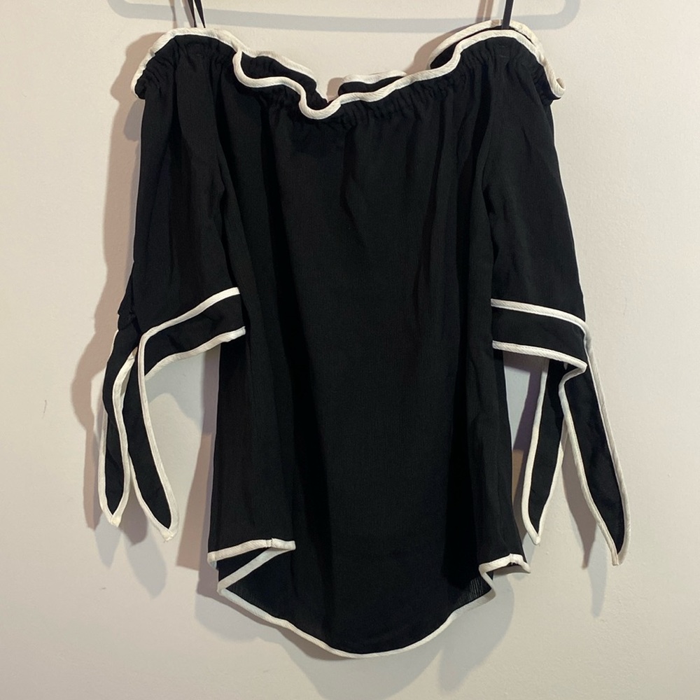 Black Off Shoulder Bell Sleeve Blouse with White Trim